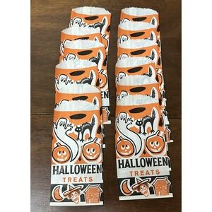 Vintage Black Cat Halloween Treat Bags Spooky Witch Ghost Pumpkin Lot 12